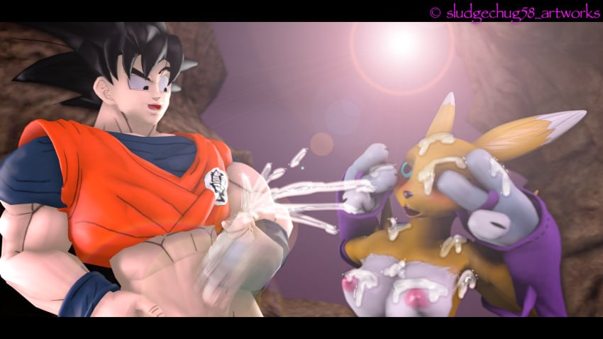 1boy 1boy1girl 1girls 3d blush crossover cum_everywhere cum_in_armpit cum_on_breasts cum_on_face cum_on_hand cumshot digimon dragon_ball female furry lens_flare male masturbation partially_clothed renamon sludgechug58 smiling son_goku source_filmmaker