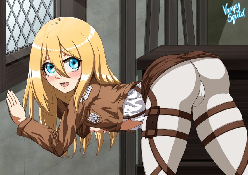 against_wall against_window ass attack_on_titan blonde_hair blue_eyes breasts brown_jacket christa_lenz clothed clothes clothing cropped_jacket female female_focus historia_reiss indoor indoors inside jacket long_hair medium_breasts military military_jacket military_uniform penetration pussy shirt short_jacket shoulders small_breasts vagina vampy_squid wall white_legwear white_shirt window