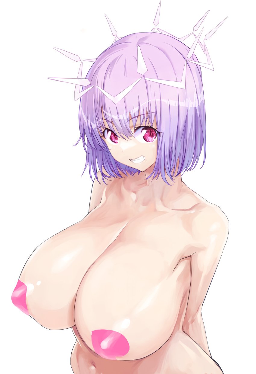 1girls arms_behind_back big_breasts breasts busty female female_only gridman_universe grin highres kiyama_satoshi large_breasts navel nude pasties purple_hair red_eyes shinjou_akane short_hair smile