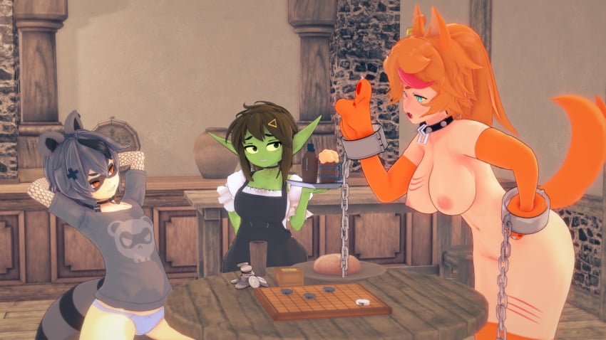 3d 3girls alcohol barmaid barmaid_dress big_breasts board_game buffpup_(vtuber) busty claw_marks collar cuffs dog_girl female female_only furry goblin goblin_female honey_goblin horny_female indie_virtual_youtuber koikatsu lost_clothes nipples orange_hair panties racoon_girl renhentai snuffy tabletop_game vchiban virtual_youtuber vtuber wolf_girl wolf_humanoid