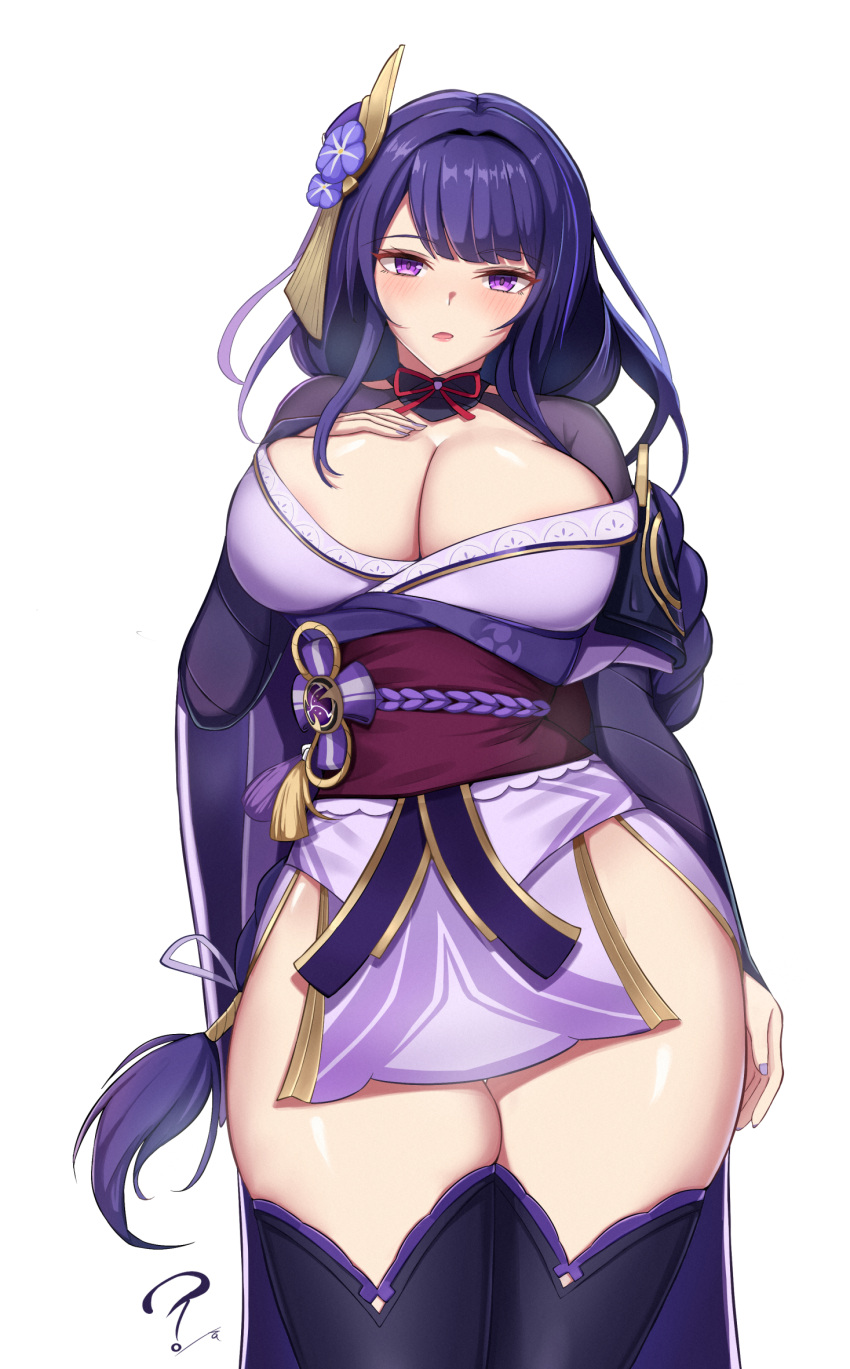 1boy 1girls 2022 braided_hair breasts cleavage female genshin_impact hair_ornament highres hips huge_breasts katsuragi710ka katsuragi_nantoka kimono long_hair purple_eyes purple_hair purple_kimono raiden_shogun short_kimono slim_waist thick_thighs thighhighs thighs very_long_hair wide_hips