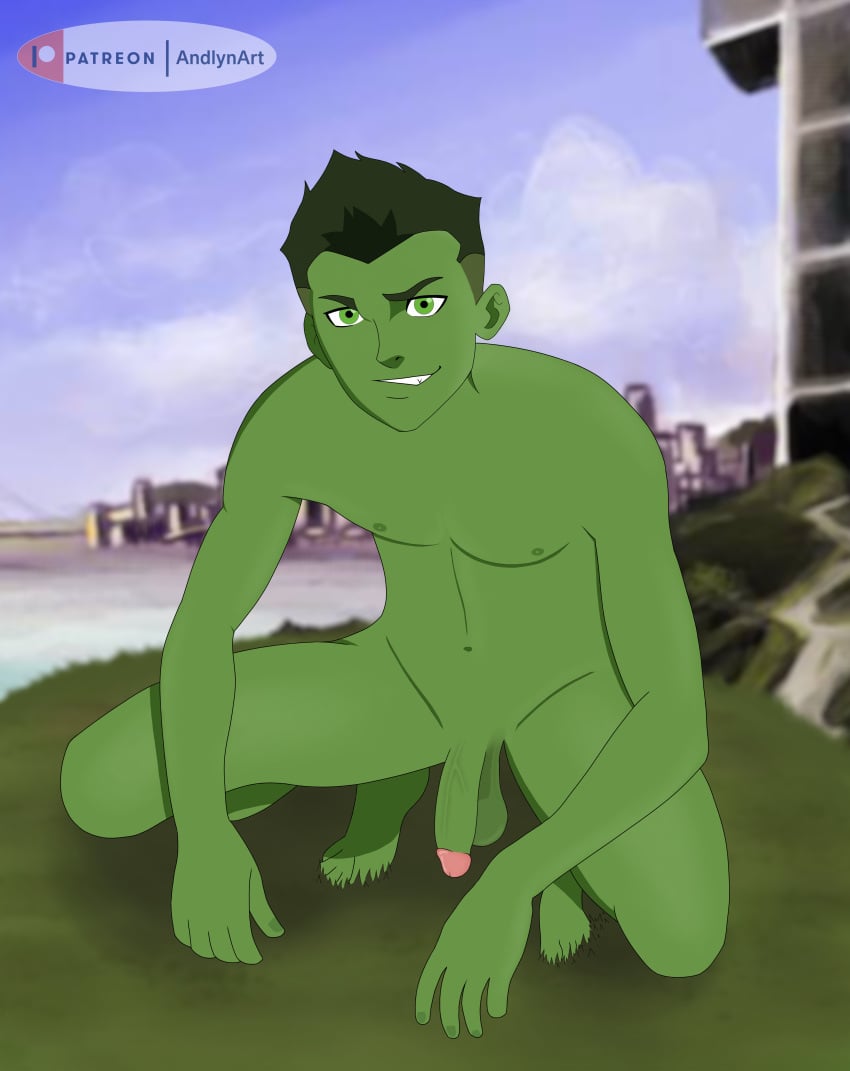 1boy andlynart beast_boy cartoon_network comic completely_nude dc dc_comics flaccid gay male male_only nude outside posing solo teen_titans yaoi