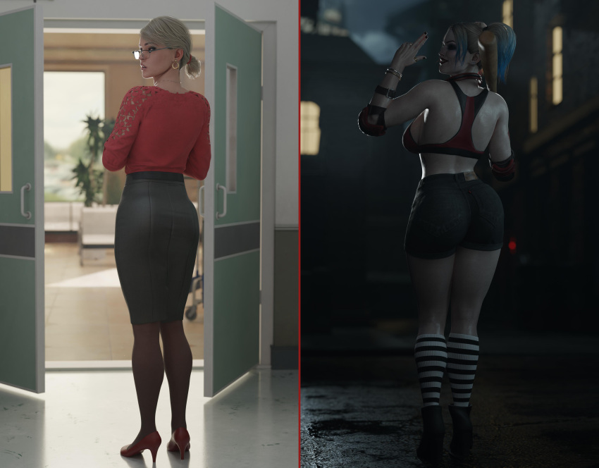 1girls 3d ass back_view batman:_arkham_origins batman_(series) before_and_after blonde_hair blue_eyes boots bracelet bubble_butt busty cheek_piercing clothed clothing corruption dc dc_comics dinoboy555 doctor dr._harleen_quinzel dual_persona earrings evolution female female_only glasses hair_bun harleen_quinzel harley_quinn harley_quinn_(injustice) high_heels hourglass_figure injustice_2 kneesocks light-skinned_female light_skin lipstick medium_breasts muscular muscular_female nail_polish necklace nylons pale-skinned_female pale_skin piercing pigtails pose posing rear_view ring socks solo stockings striped_socks tagme tattoo transformation twintails villain wide_hips