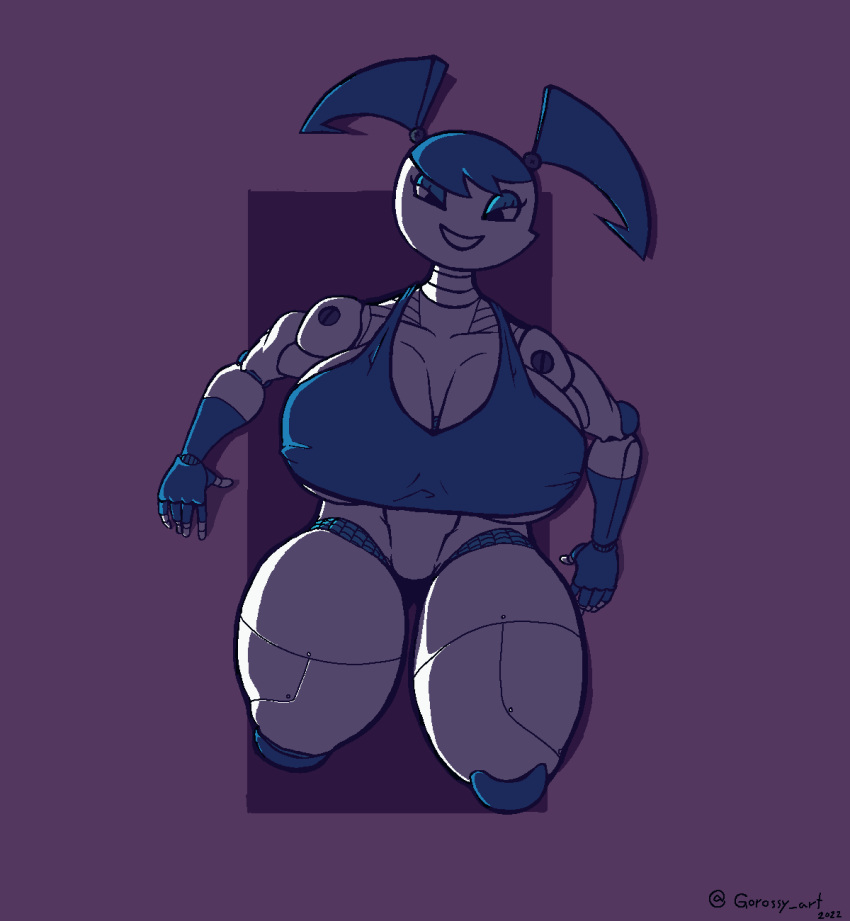 2022 blonde_hair bottomless crop_top curvaceous gorossy_(artist) huge_breasts huge_thighs imminent_sex jenny_wakeman large_breasts muscles muscular_female my_life_as_a_teenage_robot night robot robot_girl smiling smooth_skin thick_thighs wide_hips xj-9