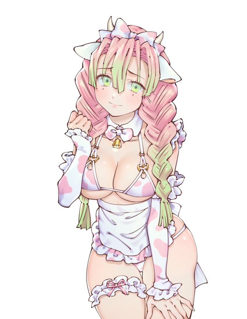 alternate_costume apron bangs bikini bomhat bowtie braided_hair cleavage cow_bikini cow_ears cow_girl cow_horns cow_maid_bikini cow_print cowbell demon_slayer detached_collar detached_sleeves female female_only frills garter gradient_hair green_eyes hair_between_eyes hair_ribbon hairbow kanroji_mitsuri kimetsu_no_yaiba long_hair looking_at_viewer mole_under_eye pink_hair smile solo thigh_gap two_tone_hair underboob wide_hips