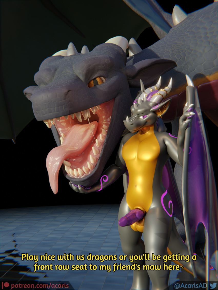 3d_(artwork) acaris_(artist) acaris_(character) animal_genitalia anthro balls bodily_fluids bunsen digital_media_(artwork) dragon duo erection feral genitals hi_res horn knot looking_at_viewer male male/male nude open_mouth penis saliva scalie sheath size_difference teeth throat tongue tongue_out western_dragon