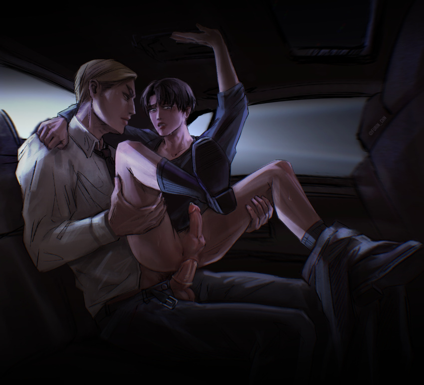 2boys anal anal_sex attack_on_titan car clothing condom erwin_smith furin_chn gay genitals inside_car legs_apart legs_held_open levi levi_ackerman male male/male male_only male_penetrated male_penetrating_male one_arm_up pants_around_one_leg penis penis_in_ass riding shingeki_no_kyojin vehicle yaoi