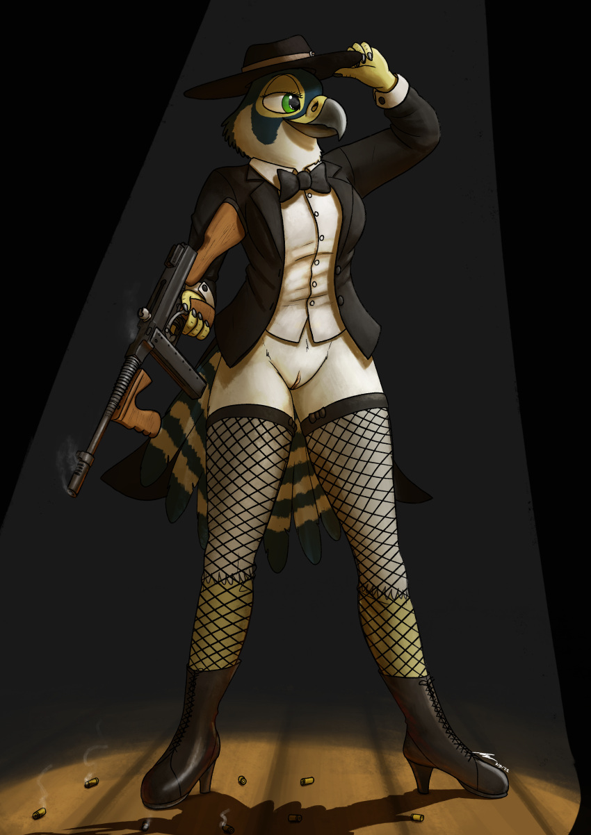 absurd_res anthro avian bird black_tie_(suit) bottomless bottomless_female bow_tie casual clothed clothing dress_shirt falcon falconid female firearm fish_birb fishnet fishnet_legwear footwear genitals gun hat headgear headwear hi_res katie_(fish_birb) legwear outerwear peregrine_falcon pussy ranged_weapon rifle shirt solo submachine_gun suit suit_jacket thompson_submachine_gun topwear weapon