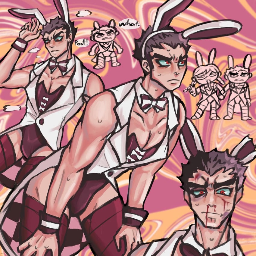 1boy 1girls bunny_boy bunny_ears bunny_girl bunnysuit crossdressing danganronpa danganronpa:_trigger_happy_havoc danganronpa_1 fukawa_touko genocider_shou kiyotaka_ishimaru manly_crossdresser s0upydonny smooth_skin stripper thick_thighs thighhighs