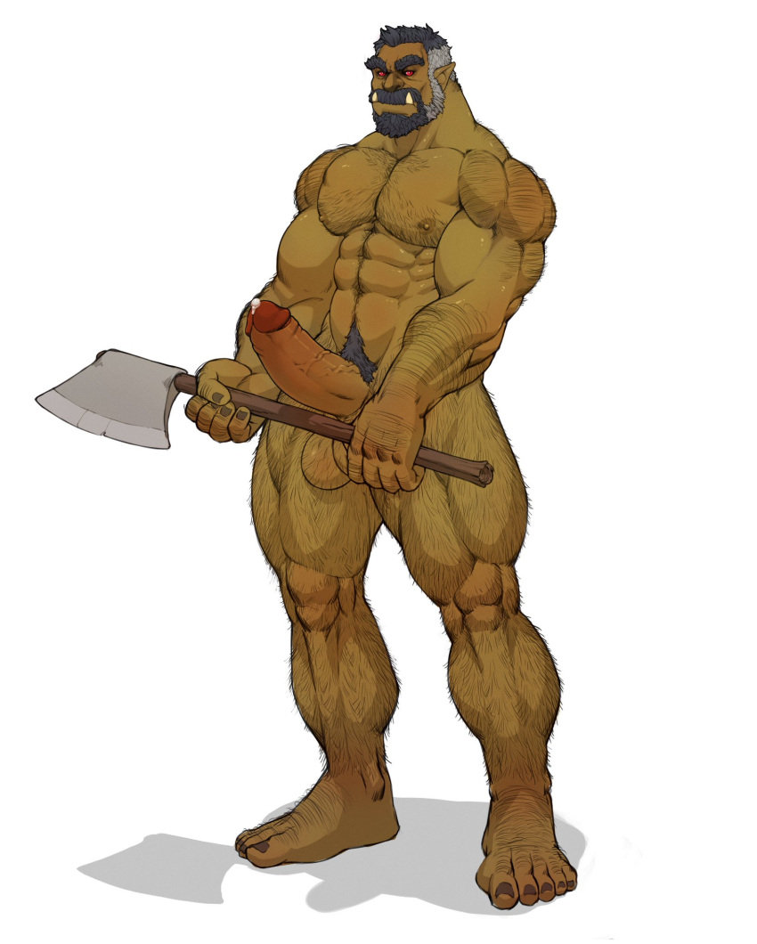 axe balls beard bodily_fluids body_hair cum fangs genital_fluids genitals hairy_balls hi_res humanoid male male_only melee_weapon muscular muscular_male orc orc_male penis red_eyes solo suchmim weapon