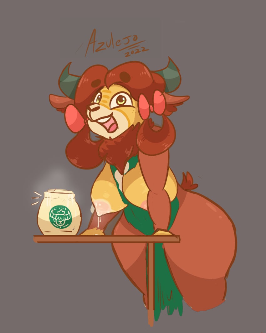 anthro azulejo bodily_fluids bovid bovine breasts female friendship_is_magic green_eyes hasbro hi_res lactating looking_at_viewer mammal milk my_little_pony smile smiling_at_viewer solo thick_thighs wide_hips yak yona_yak_(mlp)