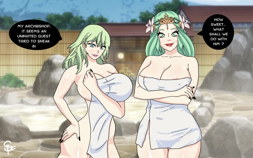 2girls areola areola_slip areolae bare_thighs black_nails blue_eyes breasts byleth_(fire_emblem) byleth_(fire_emblem)_(female) cleavage covering english_text female female_only fire_emblem fire_emblem:_three_houses green_eyes green_hair hourglass_figure huge_breasts lipstick long_hair looking_at_viewer multiple_girls nail_polish naked_towel nintendo nude nude_female onsen red_lips red_lipstick rhea_(fire_emblem) seirosfollower smile text thick_thighs thighs towel