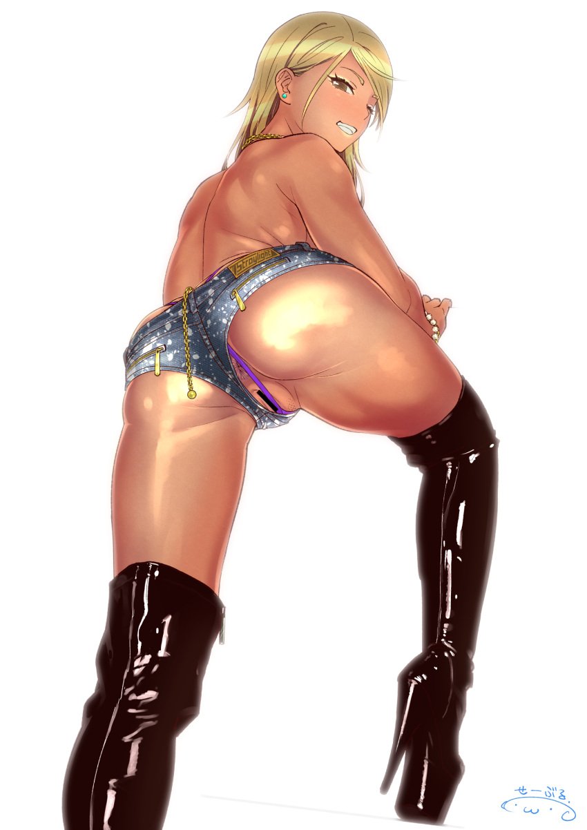 anus ass back bar_censor blonde_hair boots bracelet brown_eyes censored dark-skinned_female dark_skin earrings female grin gyaru high_heels highres idolmaster idolmaster_shiny_colors izumi_mei jewelry long_hair looking_at_viewer necktie one_eye_closed panties pubic_stubble purple_panties pussy shorts smile solo suna thigh_boots thighhighs thong topless underwear