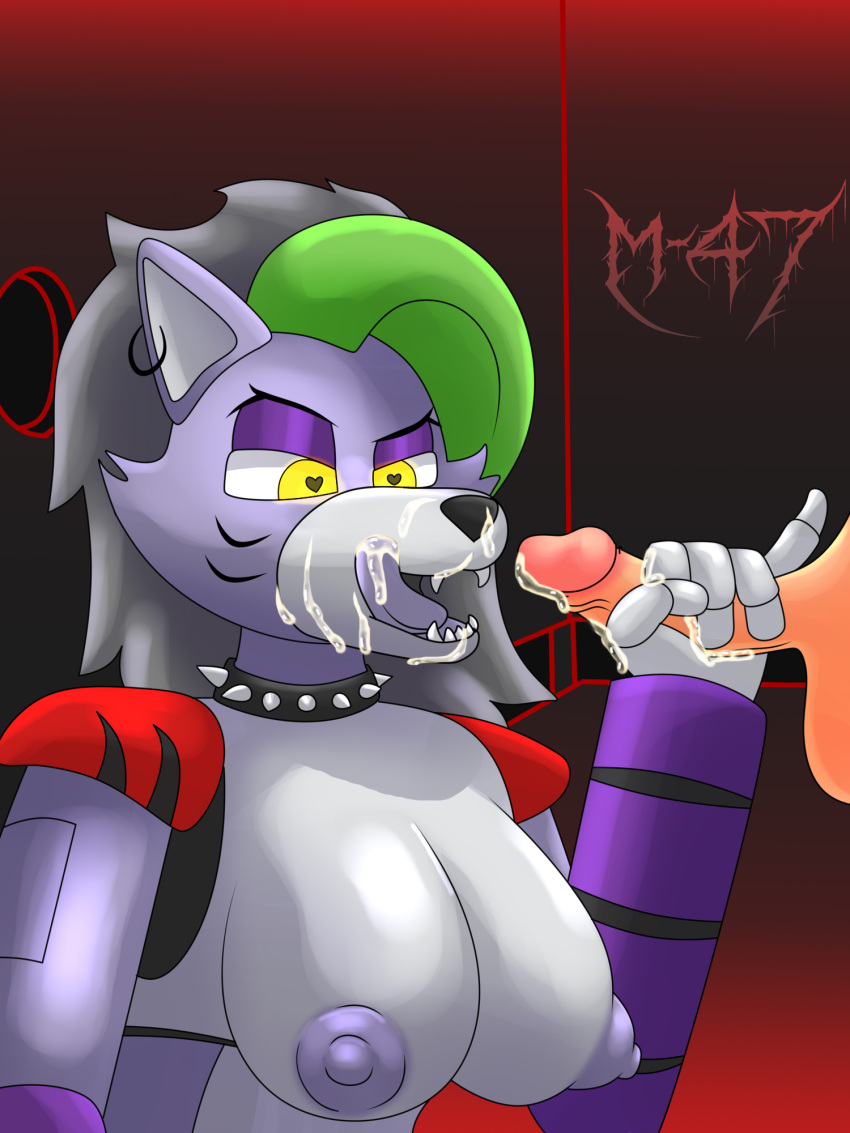 animatronic anthro bodily_fluids breasts cum cum_in_mouth cum_inside female five_nights_at_freddy's five_nights_at_freddy's:_security_breach genital_fluids genitals hi_res m-47 machine penis robot roxanne_wolf_(fnaf) scottgames solo video_games