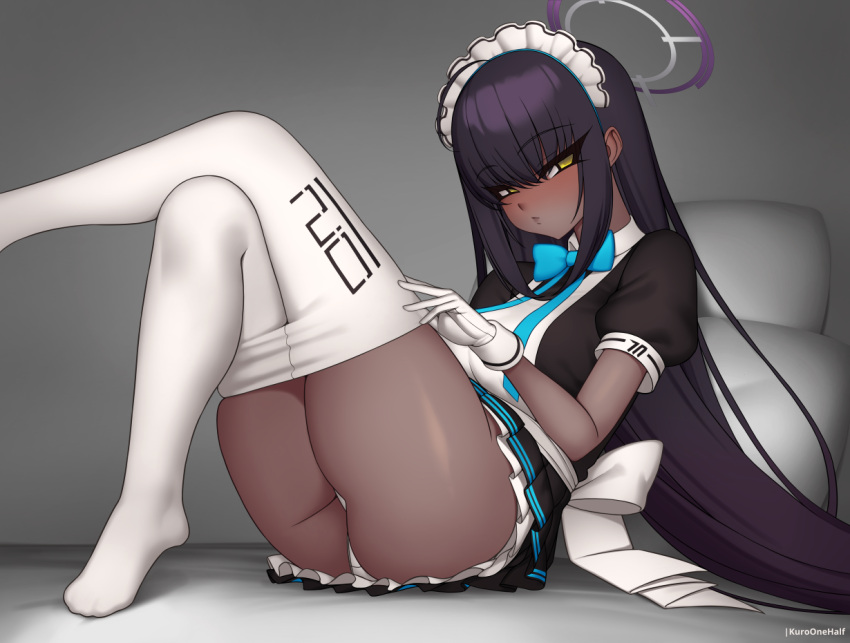 1girls ass blue_archive breasts cleaning_&_clearing_(blue_archive) eye_contact female female_focus gloves karin_(blue_archive) kuroonehalf long_hair looking_at_viewer maid maid_headdress maid_uniform millennium_science_school_logo_(blue_archive) millennium_science_school_student panties pantyhose pantyhose_down solo solo_female thick_thighs thighs white_pantyhose yellow_eyes