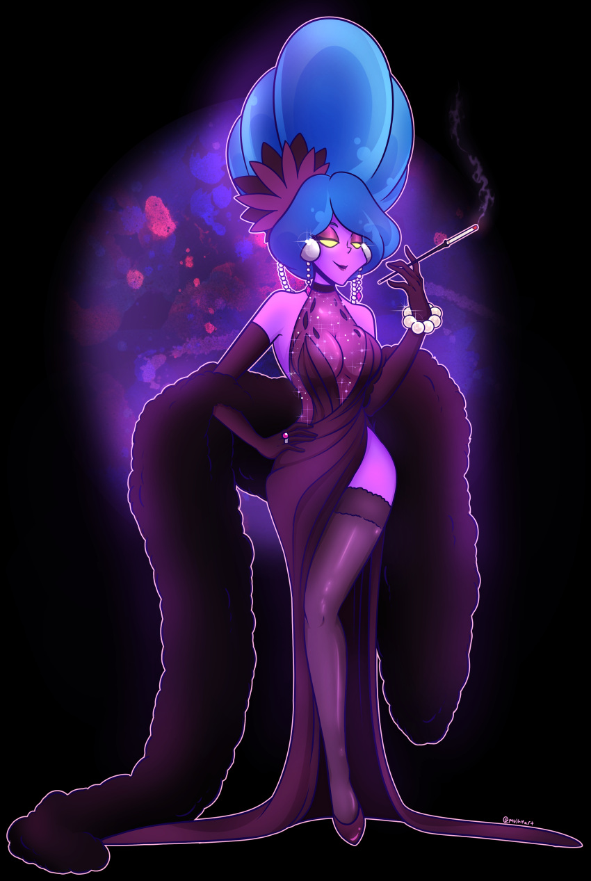 blue_hair cigarette cleavage dress elegant elegant_dress gold_eyes hellen_gravely high_heels long_gloves luigi's_mansion luigi's_mansion_3 mario_(series) mushyart nintendo purple_skin revealing_clothes seductive_eyes seductive_look seductive_mouth seductive_smile smoking stockings tight_clothes tight_clothing tight_dress