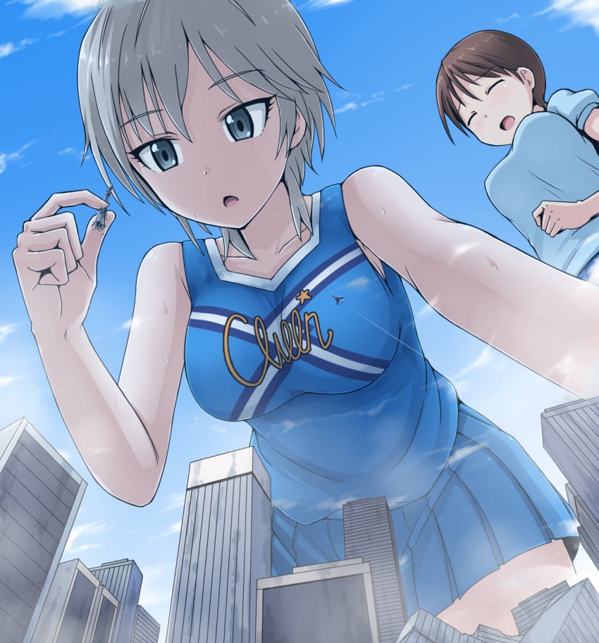 10s 2girls anastasia_(idolmaster) blue_eyes brown_hair cheerleader city closed_eyes day destruction from_below giant giantess gradient gradient_background highres huge_giantess idolmaster idolmaster_cinderella_girls long_hair multiple_girls nitta_minami open_mouth short_hair silver_hair skirt sky sweat terada_ochiko