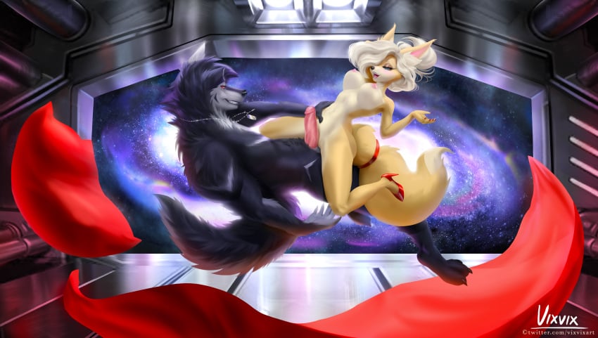 2022 absurd_res anthro canid canid_demon canine demon duo female fox hellhound hi_res male male/female mammal marie_(oughta) original original_character original_characters osiris_callisto penis_awe riding space text url vixvixart zero_gravity