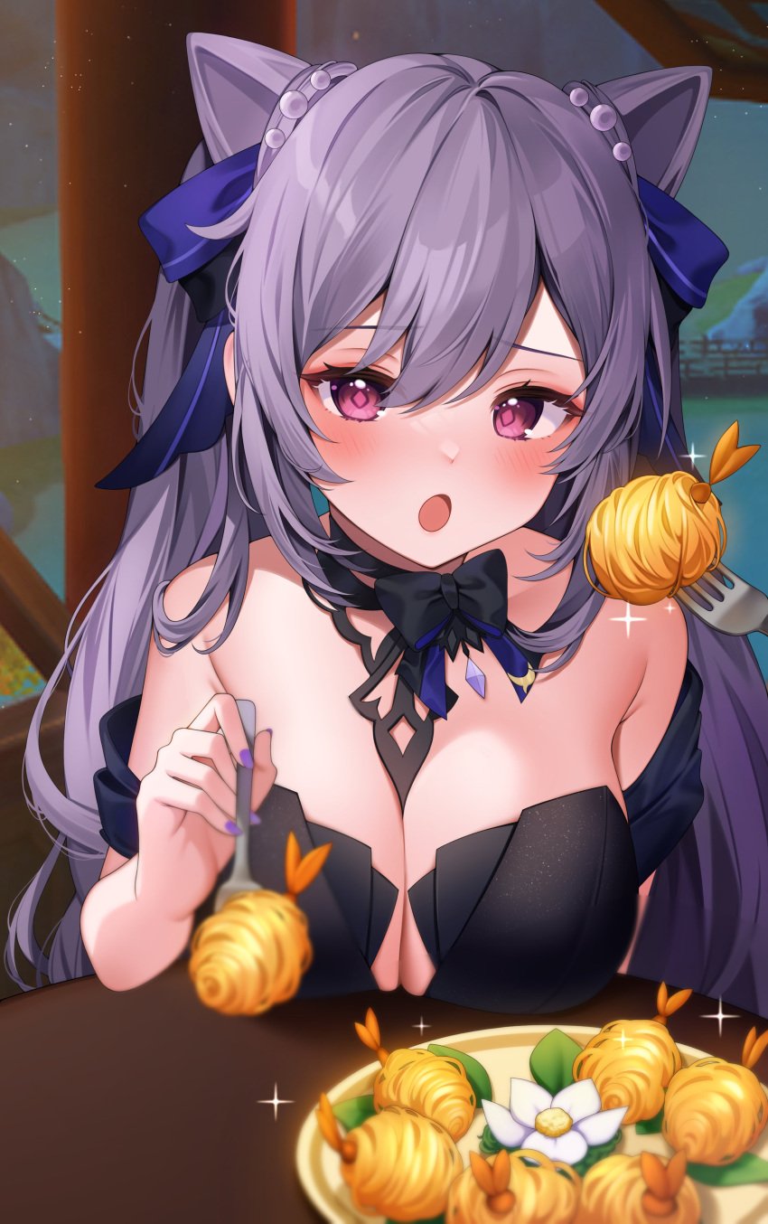 1girls blush bowtie breast_rest breasts breasts_on_table busty cat_ears cleavage clothing date dinner_date dress feeding female food fork genshin_impact hi_res keqing_(genshin_impact) keqing_(opulent_splendor)_(genshin_impact) large_breasts looking_at_viewer nail_polish pov purple_eyes purple_hair reel_(riru) restaurant safe sfw shrimp sparkle table twintails