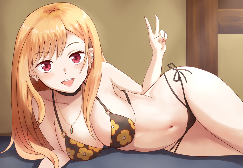 alternate_costume bikini blonde_hair breasts choker ear_piercing female gyaru kitagawa_marin lying necklace peace_sign side-tie_bikini smile solo sono_bisque_doll_wa_koi_wo_suru swimsuit tagme v watarurikka