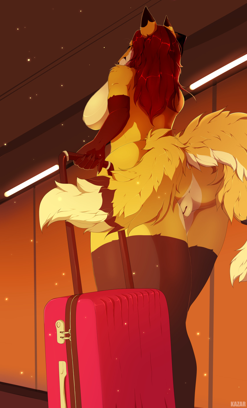 2022 3_tails absurd_res airport anthro ass big_breasts breasts brown_body brown_fur canid canine clothed clothing digital_drawing_(artwork) digital_media_(artwork) dipstick_tail dress english_text ezo_red_fox facial_markings female fox fur furry furry_only genitals hair head_markings hi_res inside kazarart mammal markings multi_tail multicolored_ears multicolored_tail naked nude pink_suitcase presenting presenting_hindquarters presenting_pussy pussy red_fox red_hair solo suitcase tail tail_markings text view_from_below vulpes_foxnik white_body white_fur yellow_body yellow_fur