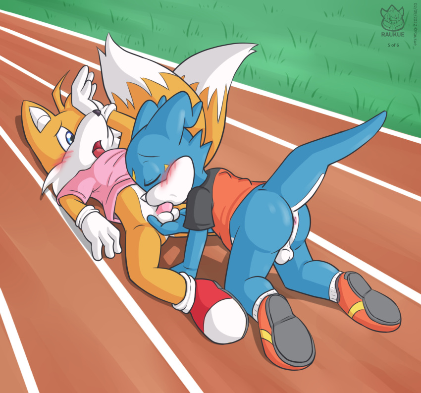 anthro anus ass ball_fondling balls bandai_namco blush bottomless canid canine clothed clothing crossover digimon digimon_(species) duo fondling footwear fox genitals gloves handwear hi_res male male/male male_only mammal mario_and_sonic_at_the_olympic_games oral outdoor_sex penis raukue sega shoes sonic_(series) sonic_the_hedgehog_(series) sucking tails veemon young