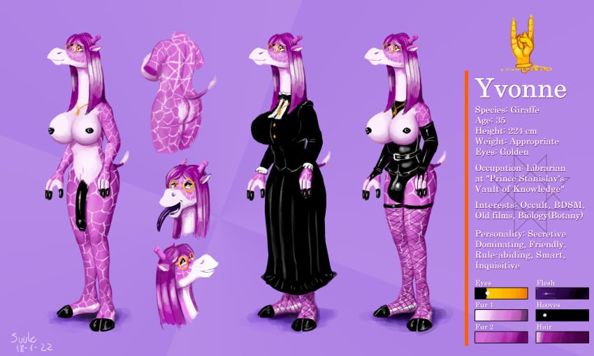 2022 absurd_res anthro barefoot black_clothing black_nipples black_penis clothing english_text eyewear feet fishnet fishnet_legwear flaccid genitals giraffe giraffid glasses gynomorph hi_res horn intersex jewelry legwear mammal model_sheet necklace nipples nude penis purple_background simple_background standing suule text yvonne_(suule)