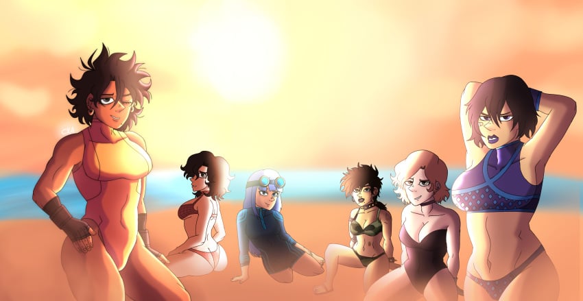 ass ass_focus beach bikini blue_eyes blue_hair brown_skin chromexorannex coco_joestar dark_hair gold_eyes gray_eyes green_eyes group jjba_oc lipstick oc one-piece_swimsuit orange_hair original_character original_characters ourobouro pale-skinned_female pale_skin purple_eyes staring_at_viewer tan_skin tattoos two_piece_swimsuit