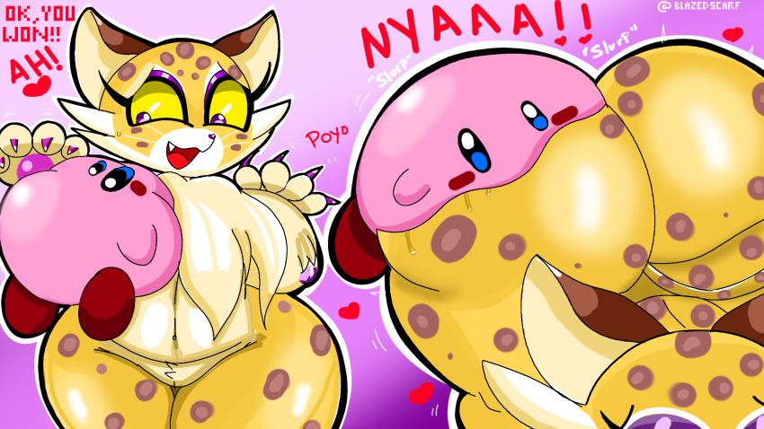 2022 anthro ass ass_up big_ass big_breasts big_butt blazedscarf breast_sucking breasts clawroline female female_focus furry instant_loss_2koma kirby kirby_(series) kirby_and_the_forgotten_land leopard loss male mouthful_mode nintendo nipples pussy shortstack size_difference sucking thick_thighs thighs wide_hips