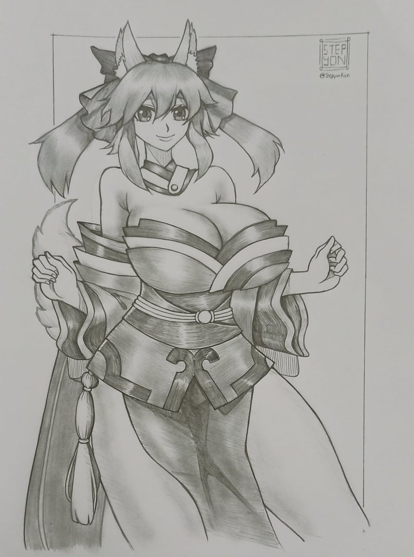 1girls artist_name artist_signature big_breasts cleavage fate/grand_order fate_(series) female female_focus female_only fox_ears fox_girl fox_tail front_view huge_breasts japanese_clothes japanese_clothing large_breasts looking_at_viewer monochrome sketch stepyon tamamo_no_mae_(fate) thick_thighs