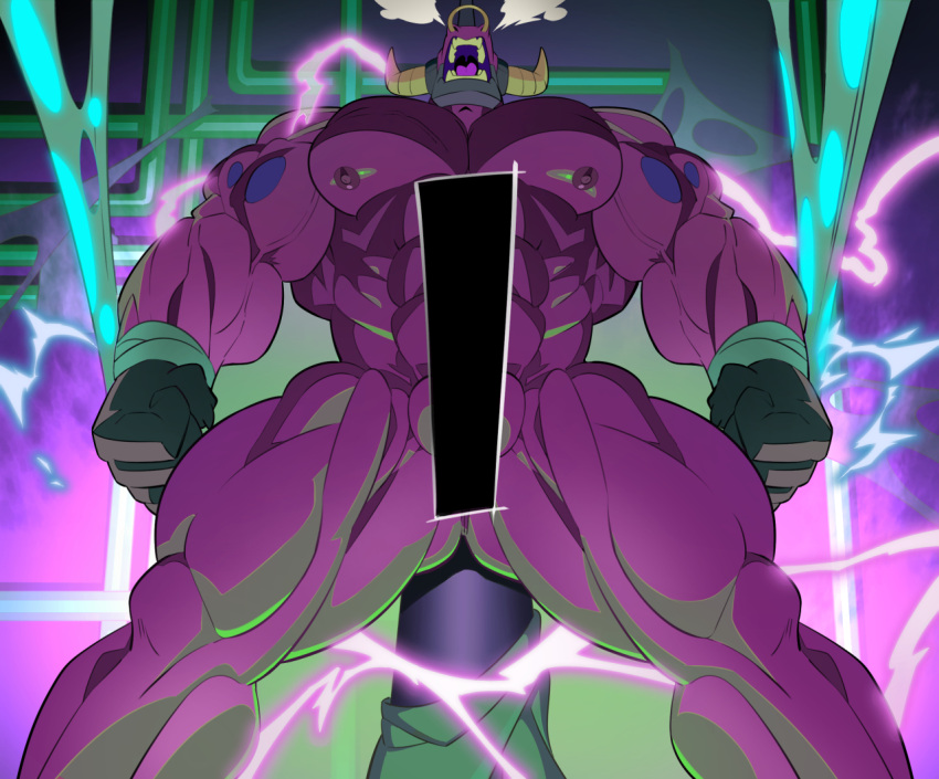 abs anthro biceps bound bovid bovine cattle censored demon electricity electrocution hands_tied horn male mammal muscular muscular_anthro muscular_male nose_steam open_mouth pecs purple_body solo spider_web struggling teeth thymilph