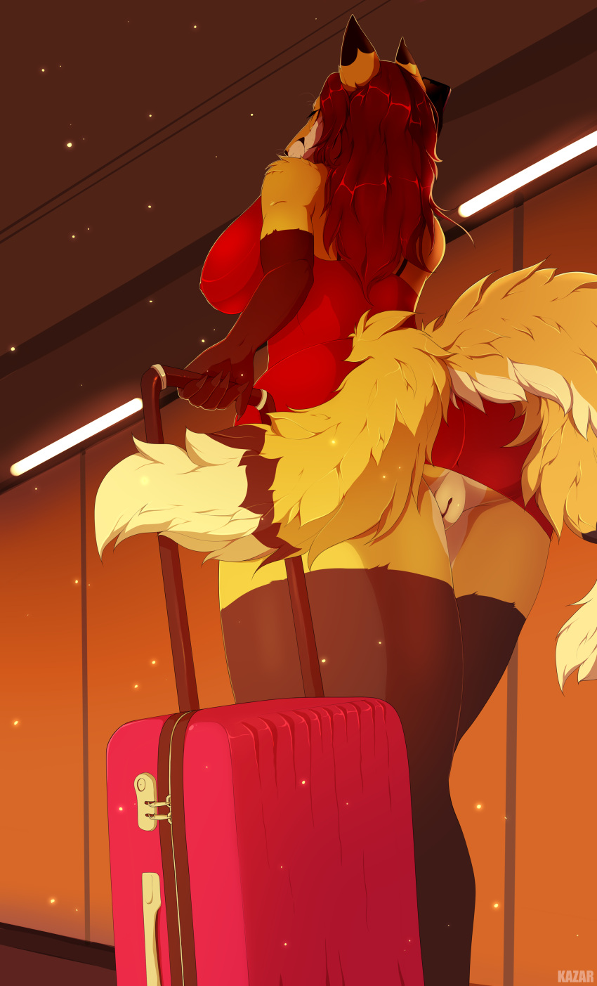 2022 3_tails absurd_res airport anthro ass big_breasts bottomless breasts brown_body brown_fur canid canine clothed clothing digital_drawing_(artwork) digital_media_(artwork) dipstick_tail dress english_text ezo_red_fox facial_markings female fox fur furry furry_only genitals hair head_markings hi_res inside kazarart mammal markings multi_tail multicolored_ears multicolored_tail no_panties no_underwear pink_suitcase presenting presenting_hindquarters presenting_pussy pussy red_clothing red_dress red_fox red_hair solo suitcase tail tail_markings text view_from_below vulpes_foxnik white_body white_fur yellow_body yellow_fur