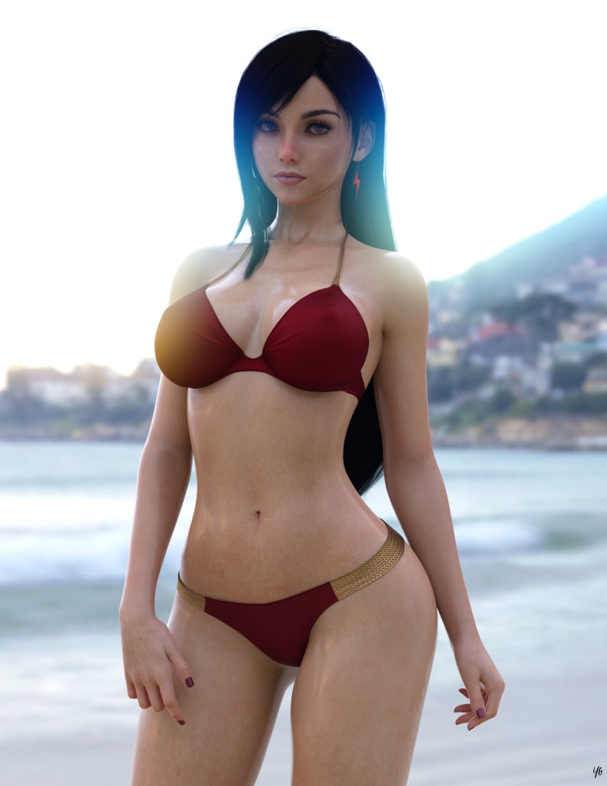 1girls 3d beach bikini black_hair clothed clothing depth_of_field earrings fanart female female_only final_fantasy final_fantasy_vii large_breasts long_hair outdoor outdoors outside pinup red_bikini slushe_(website) solo solo_female standing tifa_lockhart wet wet_body wet_skin yunogasai