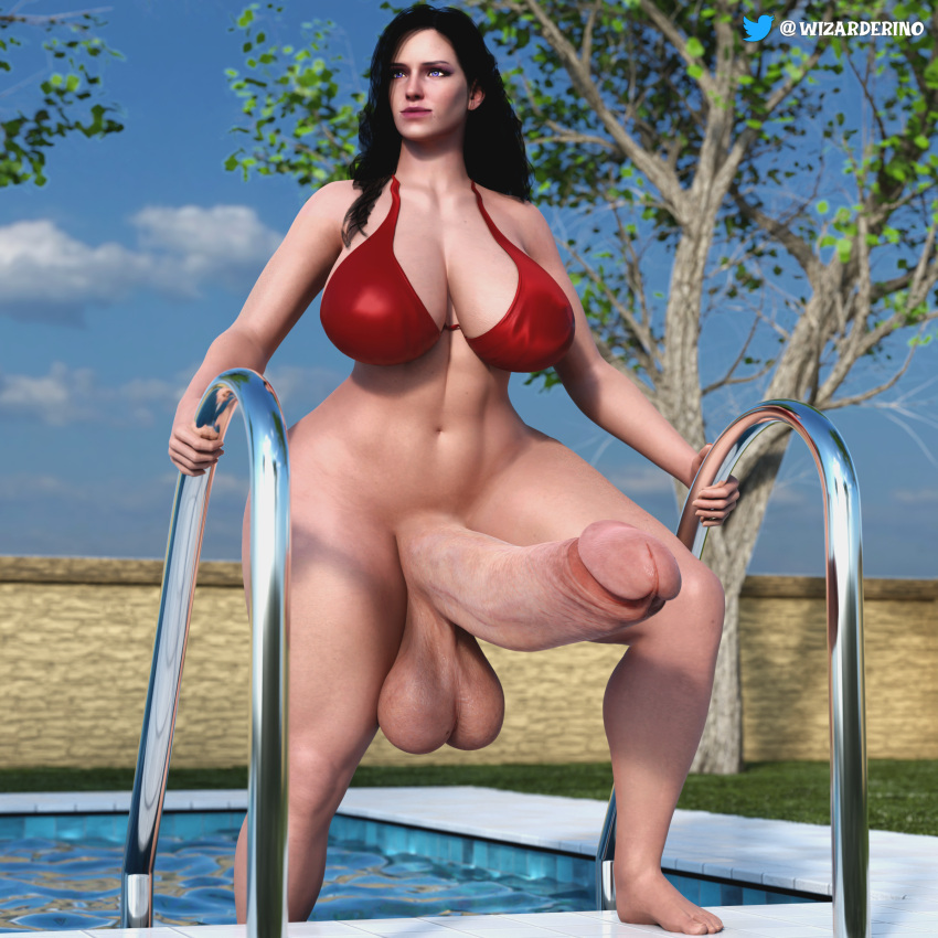 1futa 3d big_ass blender cock_pointing_towards_viewer dickgirl futa_only futanari hanging_balls highres huge_balls huge_cock large_breasts large_penis pool solo the_witcher_(series) the_witcher_3:_wild_hunt thick_thighs wizarderino yennefer