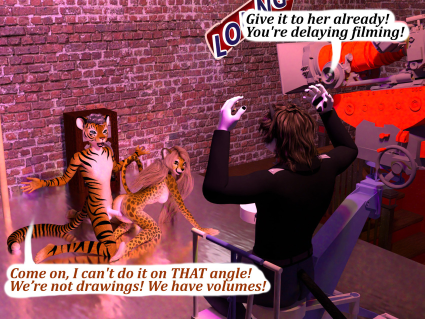 3d_(artwork) anthro breasts camera cheetah digital_media_(artwork) domestic_cat felid feline felis female genitals group hi_res humanoid_genitalia humanoid_penis littlefisky male male/female mammal nude pantherine penis sex tiger trio