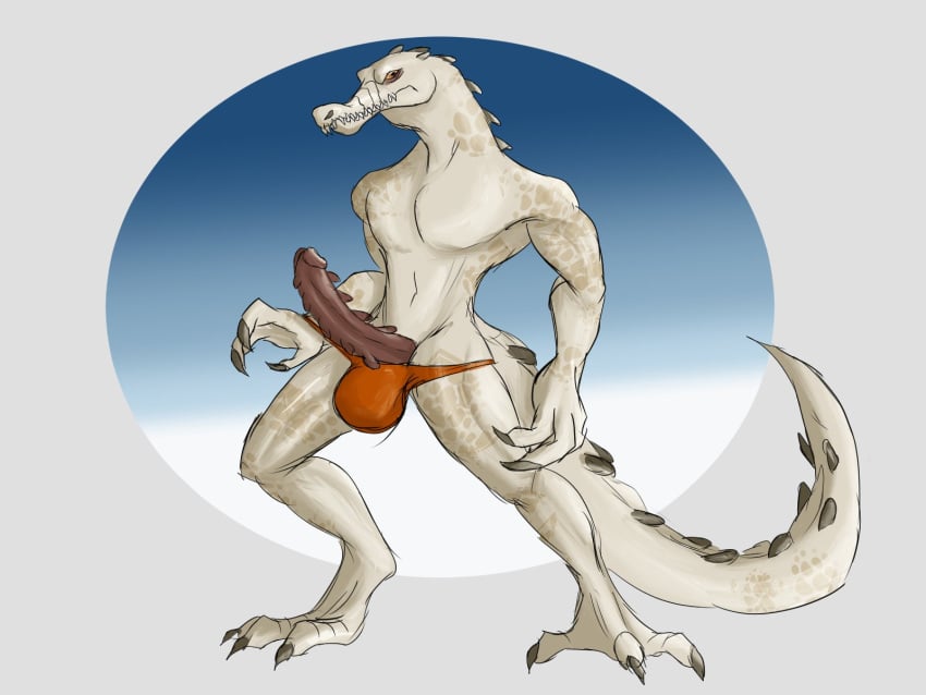 4:3 anthro baryonyx blue_sky_studios clothing daikuhiroshiama dinosaur erection genitals hi_res ice_age_(series) laws male male_only mostly_nude penis reptile rudy_(ice_age) scalie solo spinosaurid standing teeth theropod thong underwear white_body