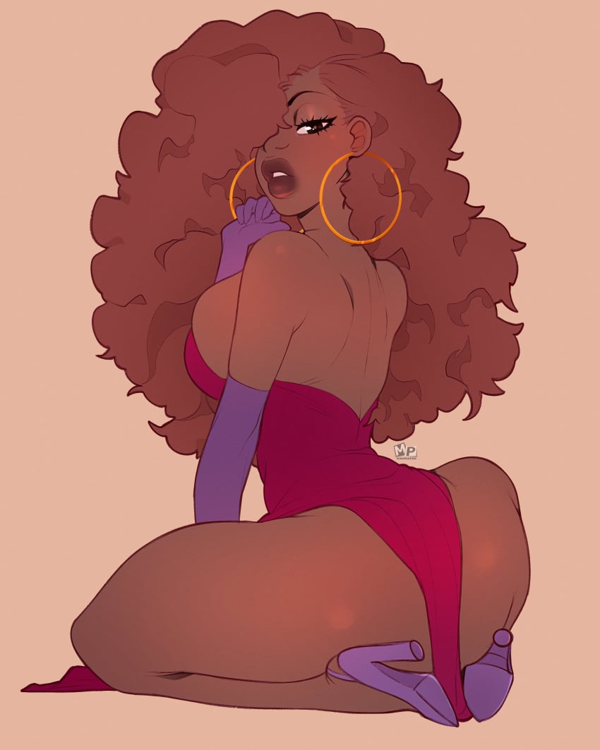 1girls afro alternate_skin_color big_breasts blackwashed dark-skinned_female disney female female_only hoop_earrings hoop_earrings_oversized jessica_rabbit jessica_rabbit_(cosplay) looking_at_viewer looking_back mahmapuu race_swap rear_view thick_lips thick_thighs who_framed_roger_rabbit