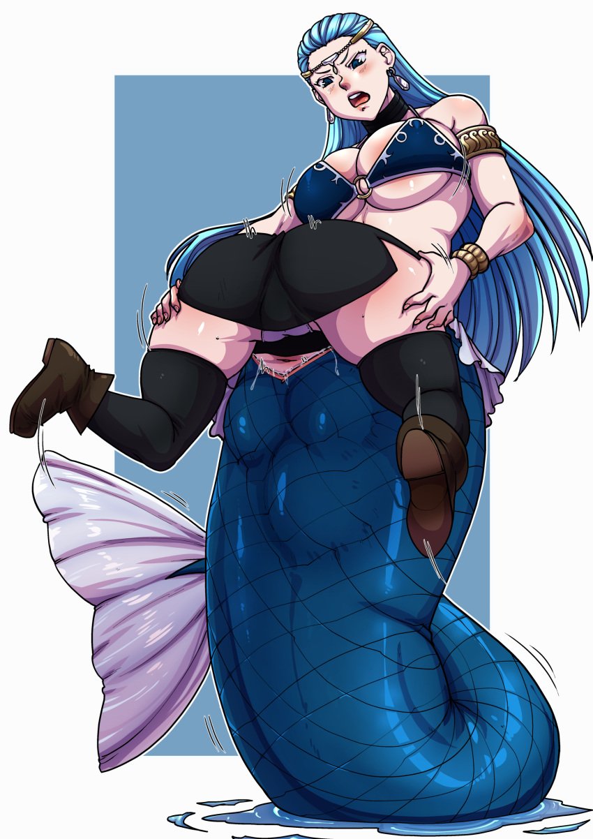 aquarius_(fairy_tail) ass big_breasts blue_hair blue_tail breasts clothing ecchipandaa fairy_tail fish_girl fish_tail large_breasts lucy_heartfilia mermaid mermaid_girl mermaid_tail panties skirt swimsuit unbirthing vore