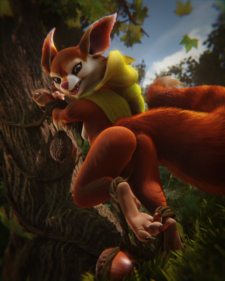 3d 3d_(artwork) 4_fingers acorn anthro anus ass big_ears bound breasts cape claws clothing digital_media_(artwork) dota dota_2 eyelashes feet female fingers food forest forest_background fruit fur genitals grass hi_res hoodwink_(dota) hybrid leaf makeup mammal nature nature_background nude nut_(fruit) outside paws plant red_body red_fur rodent rope sciurid solo standing tail_tuft toes tree tree_squirrel tuft video_games vlad-lox white_body