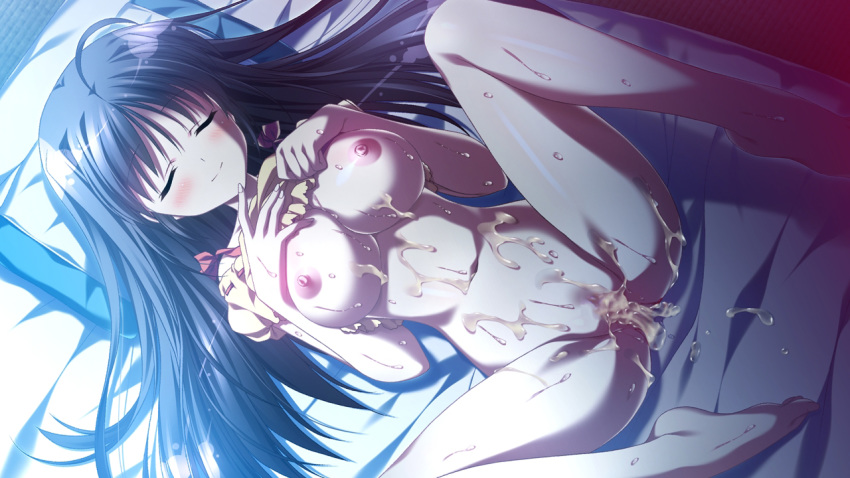 ahoge areolae barefoot bed black_hair blush breasts closed_eyes cum cum_in_pussy cum_on_body dutch_angle feet female female game_cg large_breasts long_hair lying minori natsuzora_no_perseus nipples pillow pussy shouna_mitsuishi solo sweat toono_ren uncensored yuzuna_hiyo