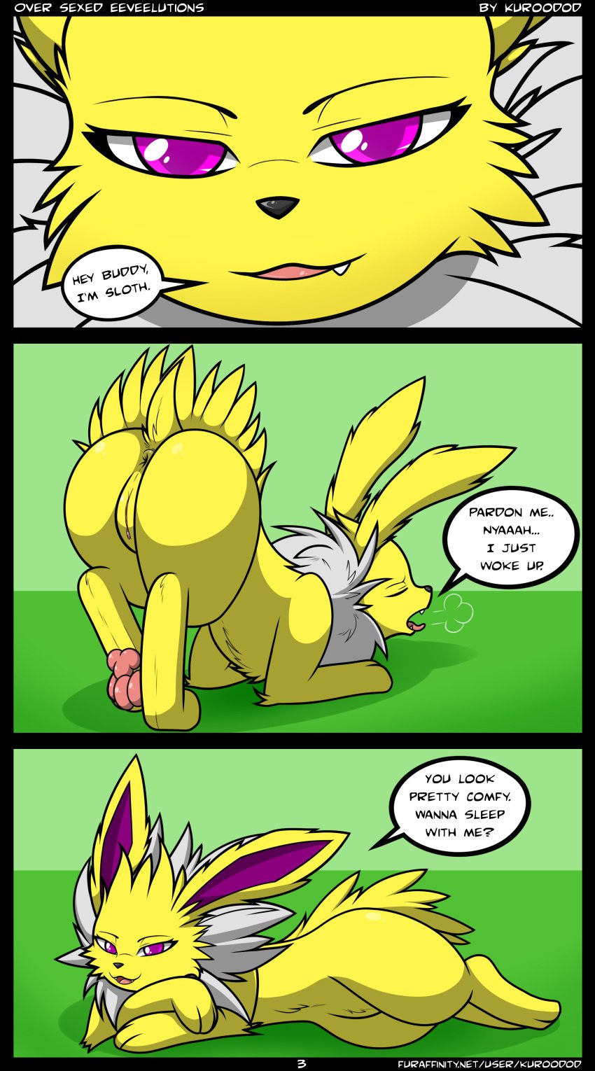 10s 2014 absurd_res anus ass color eeveelution english_text female feral fur hi_res jolteon kuroodod nintendo page_3 paws pokémon_(species) pokemon pussy sloth_(kuroodod) solo text video_games yellow_fur