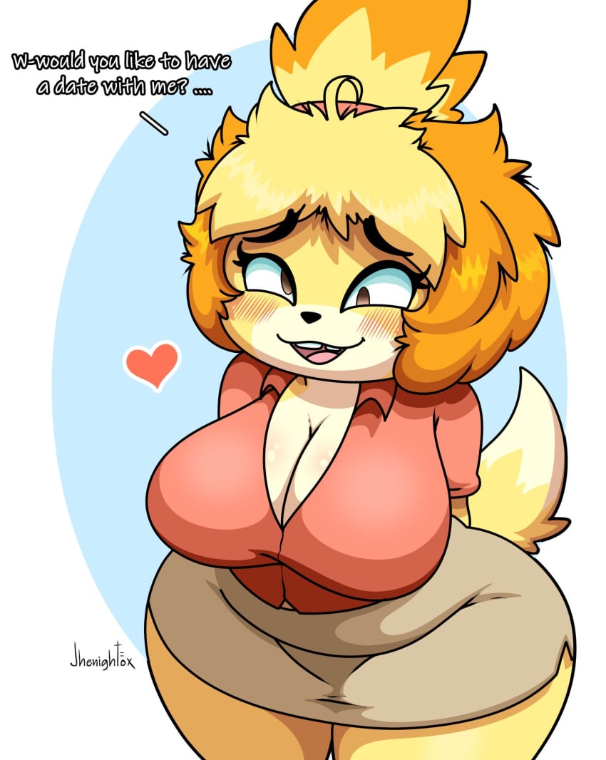 1girls 2022 animal_crossing anthro big_breasts blush breasts canid canine canis cleavage clothed clothing cross-eyed cross_eyed derpybelle dialogue english_text female female_only frizzy_hair fur furry furry_only heart hi_res hourglass_figure huge_breasts isabelle_(animal_crossing) jhenightfox looking_at_viewer messy_hair missing_tooth nintendo skirt tagme tail text thick_thighs two_tone_fur two_tone_hair wholesome wide_hips