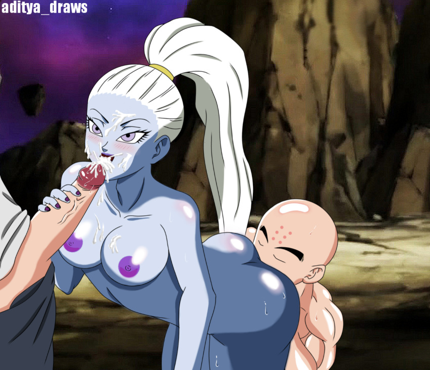 1girls 2boys aditya_draws angel angel_(dragon_ball) anilingus blowjob blue_skin cum_on_breasts cum_on_face cumshot dragon_ball dragon_ball_super dragon_ball_z eating_ass fellatio from_behind interspecies krillin kuririn licking licking_anus licking_ass licking_penis male/female/male nipples oral penis ponytail rimming saiyan threesome tongue_out tournament_of_power vados yamcha