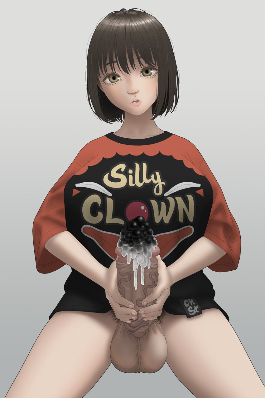 1futa black_cum brown_hair chst clown_shirt cum futa_only futanari leaking masturbation personality_excretion pubic_hair