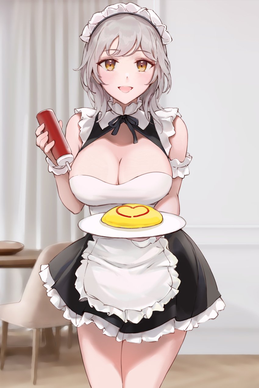 1girls absurdres bare_shoulders breasts chowbie cleavage cleavage_cutout clothing_cutout female female_focus food grey_hair happy highres ketchup ketchup_bottle large_breasts legs_together light-skinned_female looking_at_viewer maid maid_headdress omurice original smile solo tray yellow_eyes