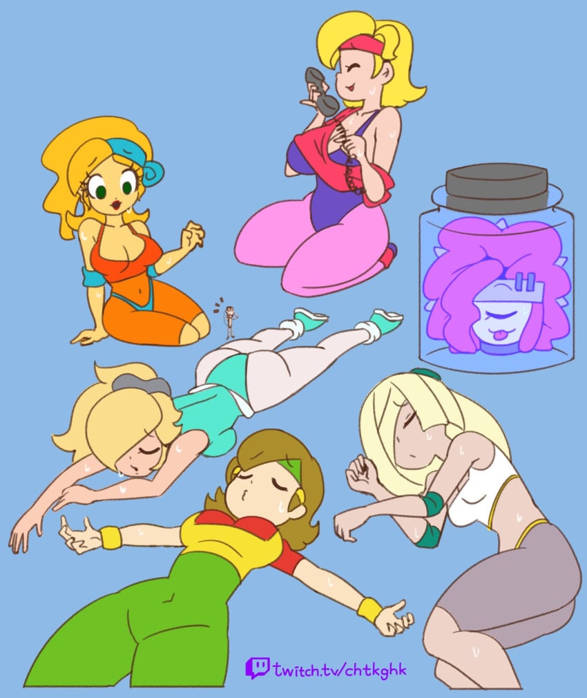 1other 2022 5-volt 6girls 80's_theme :3 :p ^_^ afro after_exercise armband artist_name ass athletic_leotard bare_arms bare_shoulders big_ass blonde_hair blue_background blue_hairband blue_leotard bodysuit bottle breast_press breasts brown_hair chibi-robo chibi-robo_(character) cleavage closed_eyes corded_phone covered_navel cyclops disembodied_head earthbound elbow_pads exhausted eyebrows_visible_through_hair female female_only full_body green_headband hair_ornament hair_over_one_eye hair_scrunchie hairband headband highres holding_phone huge_breasts humanized husband_and_wife jar kneeling large_breasts leg_warmers leotard lipstick long_hair long_ponytail lusamine_(pokemon) lying makeup mario_(series) mature_female medium_breasts metroid midriff milf minus8 monster_girl mother_(series) mother_brain mrs._sanderson ness's_father ness's_mom nintendo nintendo_moms_animation_(minus8) on_back on_side on_stomach open_mouth pale-skinned_female pale_skin pants pantyhose phone platinum_blonde_hair pokemon pokemon_sm ponytail princess_rosalina puckered_lips purple_leotard red_hair red_headband red_lipstick resting robot scrunchie seiza shoes simple_background sitting smile spikes sports_bra sweat sweating tank_top thick_thighs thighs tied_hair tongue tongue_out url warioware watermark wide_hips wristband yellow_skin