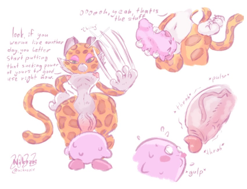 1boy 1futa anthro big_penis blowjob cla clawroline dialogue digital_media_(artwork) feline futa_on_male futadom futanari kirby kirby_(series) kirby_and_the_forgotten_land kirby_condom mouthful_mode nikozoi nintendo size_difference sweat thick_penis veiny_penis