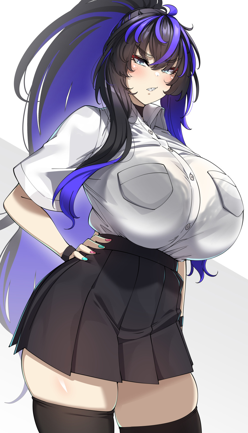 absurdres black_bra black_hair black_legwear black_skirt blue_eyes blue_hair bra bra_visible_through_clothes bralines breast_pocket breasts collared_shirt contrapposto cowboy_shot delinquent_turned_wife_(konoshige) female frown green_nails hand_on_hip high_ponytail highres huge_breasts impossible_clothes impossible_clothing impossible_fit impossible_shirt konoshige_(ryuun) long_hair looking_at_viewer miniskirt multicolored_hair original pleated_skirt pocket ponytail red_nails ryuun_(stiil) school_uniform scowl sharp_teeth shirt short_sleeves sidelocks skindentation skirt solo standing teeth thighhighs two-tone_hair underwear very_long_hair white_shirt zettai_ryouiki