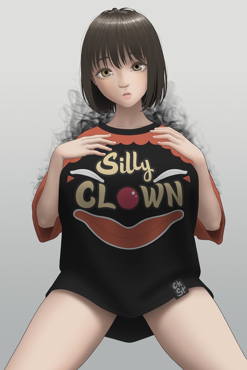 1girls black_smoke brown_hair chst clown_shirt pale_skin solo_female