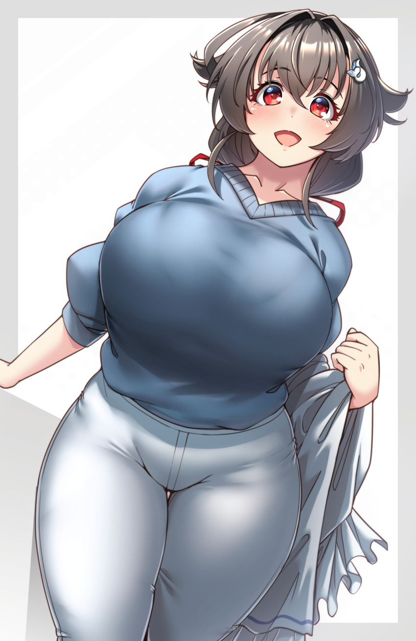 black_hair blue_shirt blush breasts casual denim eyebrows_visible_through_hair female hair_flaps hair_ornament highres huge_breasts jingei_(kantai_collection) kantai_collection konoshige_(ryuun) long_hair looking_at_viewer milf official_alternate_costume open_mouth pants red_eyes ryuun_(stiil) shirt simple_background smile solo whale_hair_ornament white_pants